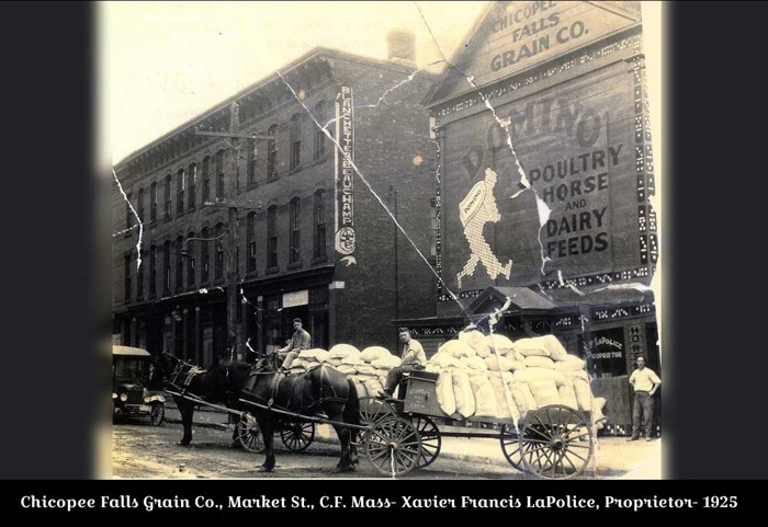 Historic Chicopee storefront and delivery wagon